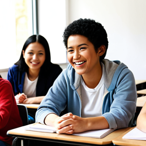 **Diverse group of students learning English in a bright classroom. The teacher is smiling and engaging with the students.** (This reflects the core concept of teaching English to speakers of other languages after obtaining a TESOL certification.)