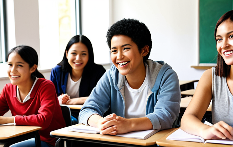 **Diverse group of students learning English in a bright classroom. The teacher is smiling and engaging with the students.** (This reflects the core concept of teaching English to speakers of other languages after obtaining a TESOL certification.)