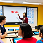 **Prompt 1:** A diverse group of students engaging with a TESOL teacher in a secure online classroom setting. The image should subtly convey themes of digital privacy and data security, perhaps with blurred personal details on screens or symbolic lock icons, while maintaining a sense of trust and professional boundaries between the teacher and students. The overall atmosphere is one of a safe and confidential learning environment.