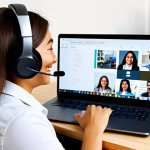 A professional TESOL teacher, female, fully clothed in a modest business casual outfit, sitting at a desk in a modern home office. She wears a headset and is actively engaging with students on a laptop screen, which displays a grid of diverse, smiling student faces participating in an online English class. The background shows a clean, organized workspace with a bookshelf and a plant. The lighting is bright and natural. Safe for work, appropriate content, professional dress, fully clothed, perfect anatomy, correct proportions, natural pose, well-formed hands, proper finger count, natural body proportions, professional photography, high quality, vibrant colors, family-friendly.