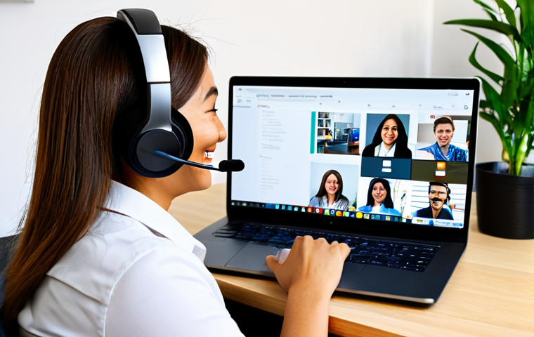 A professional TESOL teacher, female, fully clothed in a modest business casual outfit, sitting at a desk in a modern home office. She wears a headset and is actively engaging with students on a laptop screen, which displays a grid of diverse, smiling student faces participating in an online English class. The background shows a clean, organized workspace with a bookshelf and a plant. The lighting is bright and natural. Safe for work, appropriate content, professional dress, fully clothed, perfect anatomy, correct proportions, natural pose, well-formed hands, proper finger count, natural body proportions, professional photography, high quality, vibrant colors, family-friendly.