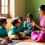 TESOL 자격증으로 가능한 봉사 활동 - **Prompt:** A heartwarming scene in a rural Indian village school. A kind and encouraging female TES...