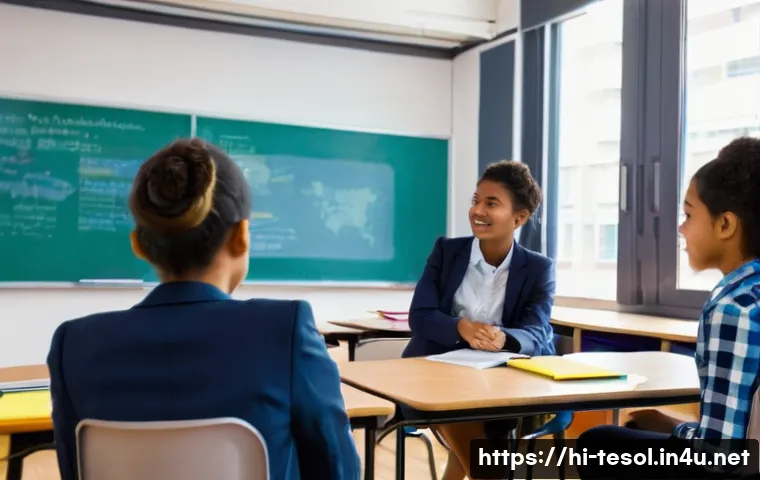 TESOL 자격증 추천 도서 - **Prompt:** A diverse group of teenage students, aged 15-18, actively engaged in a dynamic English a...