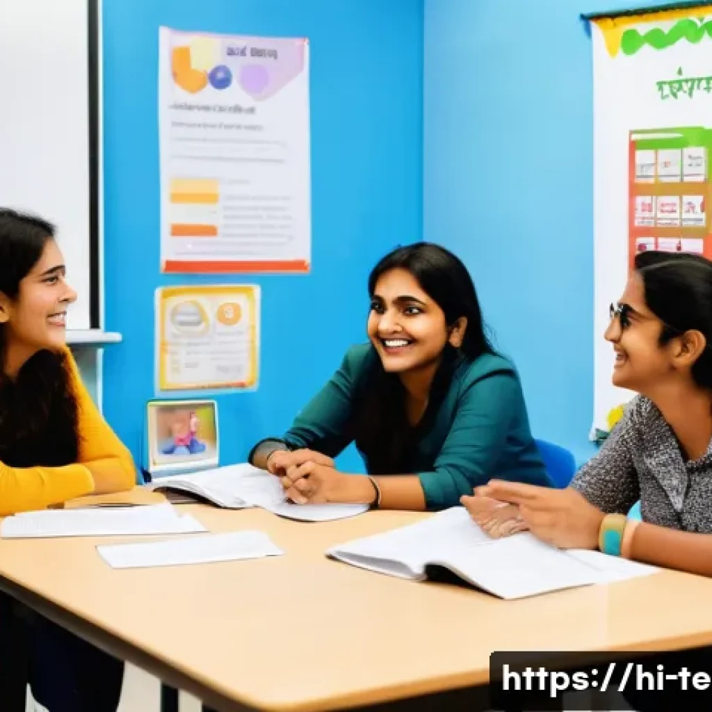TESOL 강사가 자주 추천하는 교재 - A vibrant TESOL classroom scene featuring a diverse group of Hindi-speaking adult students engaged i...