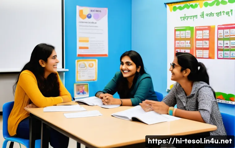 TESOL 강사가 자주 추천하는 교재 - A vibrant TESOL classroom scene featuring a diverse group of Hindi-speaking adult students engaged i...