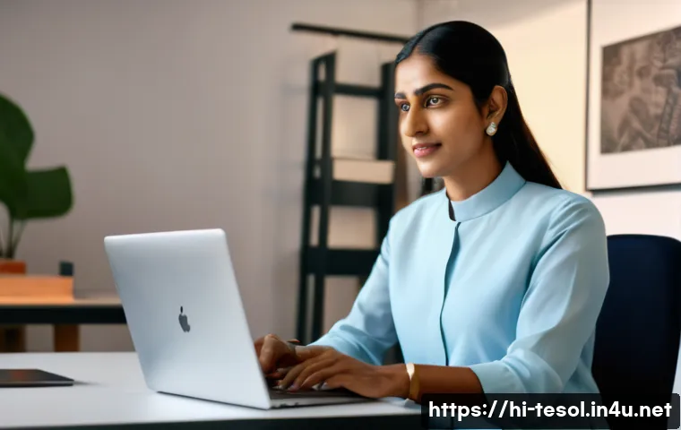 TESOL 이직 성공 사례 - A professional Indian woman in her early 30s teaching English online using a laptop and digital tool...