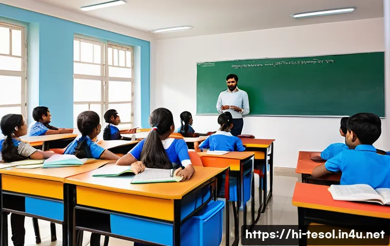 TESOL 교재 선정 기준 - A detailed classroom scene showing a diverse group of Indian students engaged in a TESOL lesson tail...