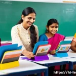 TESOL 교육에서 동기부여 기술 - A vibrant modern classroom scene showing a diverse group of enthusiastic Hindi-speaking students usi...
