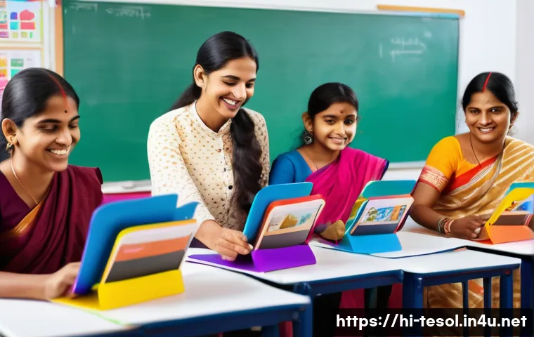 TESOL 교육에서 동기부여 기술 - A vibrant modern classroom scene showing a diverse group of enthusiastic Hindi-speaking students usi...