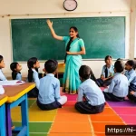 TESOL 강사가 자주 사용하는 활동 - A vibrant classroom scene in an Indian school with Hindi-speaking children eagerly participating in ...
