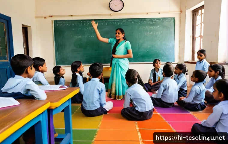 TESOL 강사가 자주 사용하는 활동 - A vibrant classroom scene in an Indian school with Hindi-speaking children eagerly participating in ...