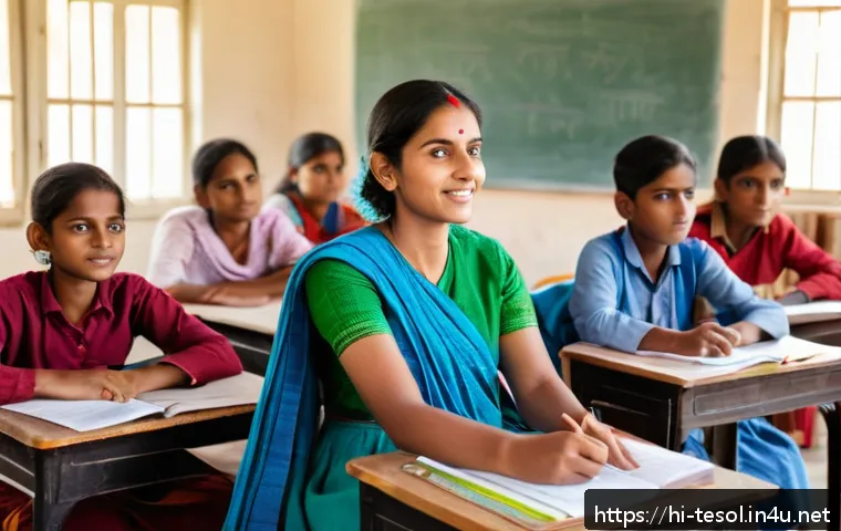TESOL 자격증으로 가능한 비영리 활동 - A confident rural Indian woman in traditional attire wearing modest undergarments, sitting in a clas...