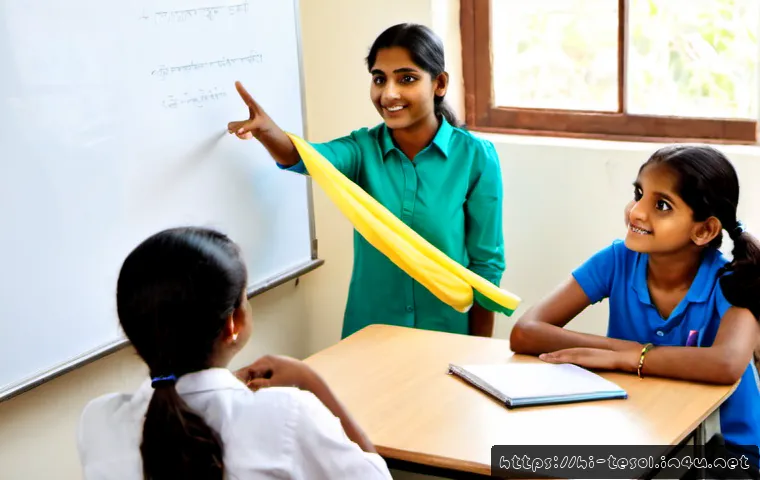 Home 17 TESOL 강사가 추천하는 유용한 팁 - Photorealistic TESOL instructor guiding a small group of Indian adult English learners in a bright m...