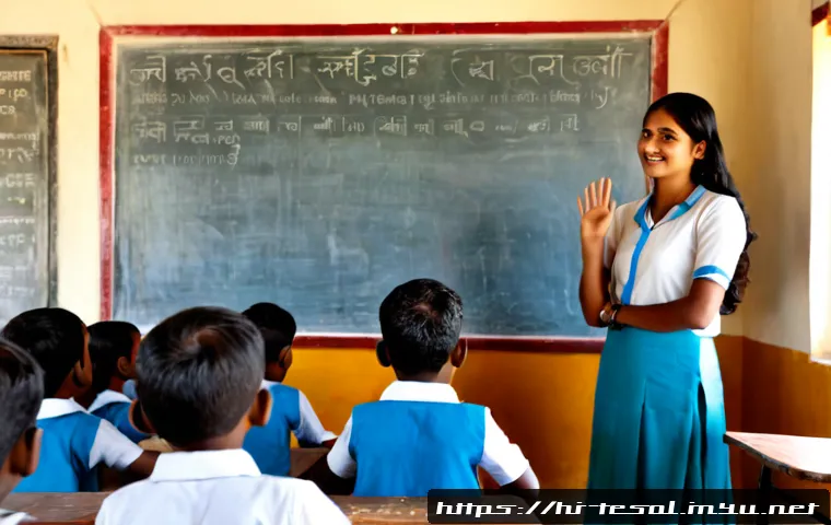 TESOL 자격증으로 해외봉사 가기 - Photorealistic documentary-style scene of a confident young Indian TESOL-certified volunteer teachin...