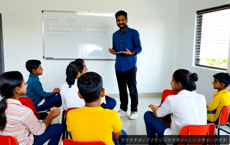 Home 17 TESOL 강사 직업 만족도 - Photorealistic TESOL instructor of Indian heritage standing confidently in a bright modern language ...